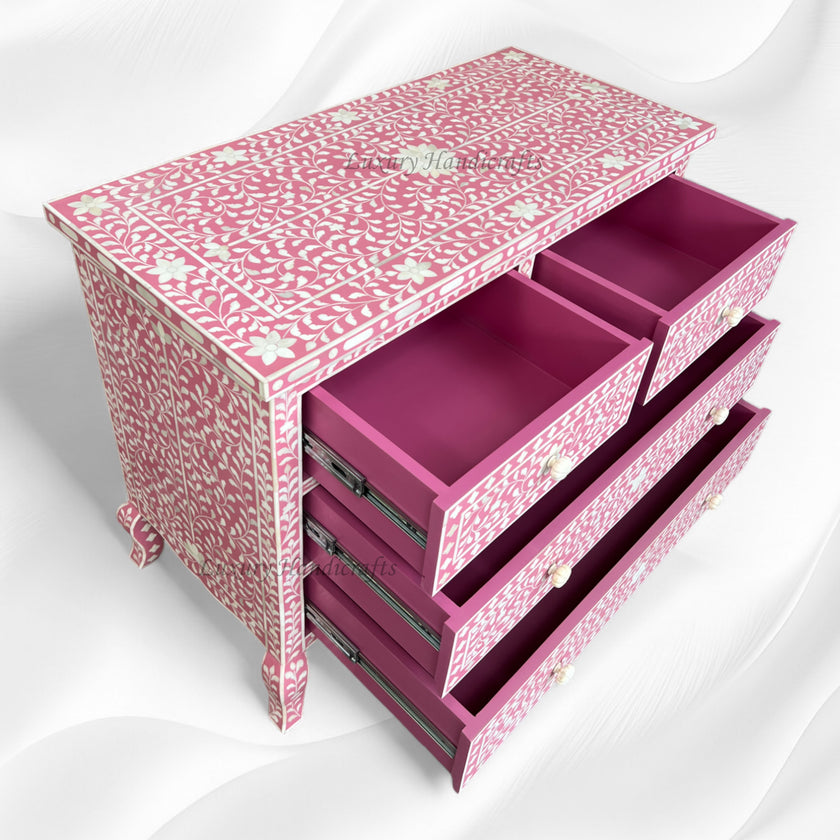 Grace Bone Inlay 4 Drawer Dresser Pink | Pink Bone Inlay Chest of Draw ...