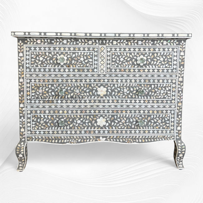 Commode 4 tiroirs Grace en nacre avec incrustations de nacre, gris