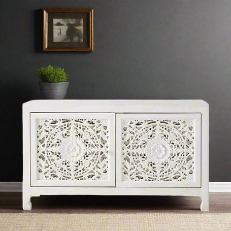 Handcarved Lombok Media Unit 2 Door White 1