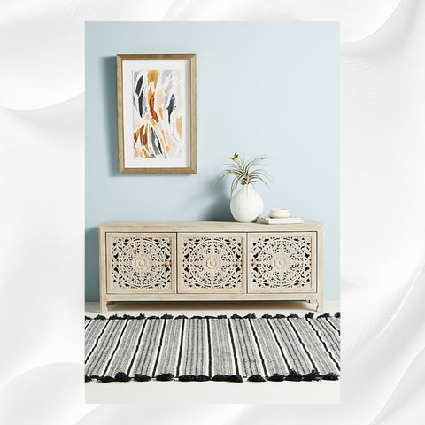 Handcarved Lombok Media Unit 3 Door White Wash 1