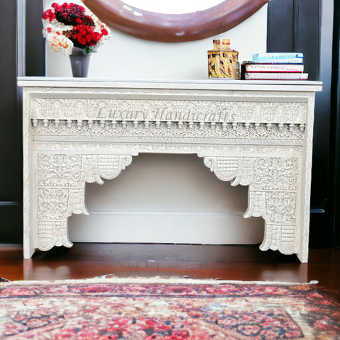 Ruby Handcarved Wooden Console White Distress Finish 1