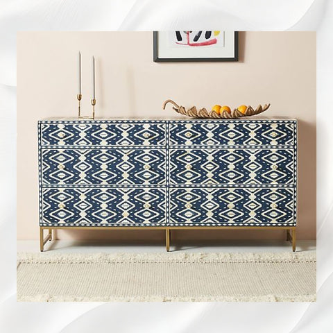 Ikat Bone Inlay 6 Drawers Chest Indigo Blue