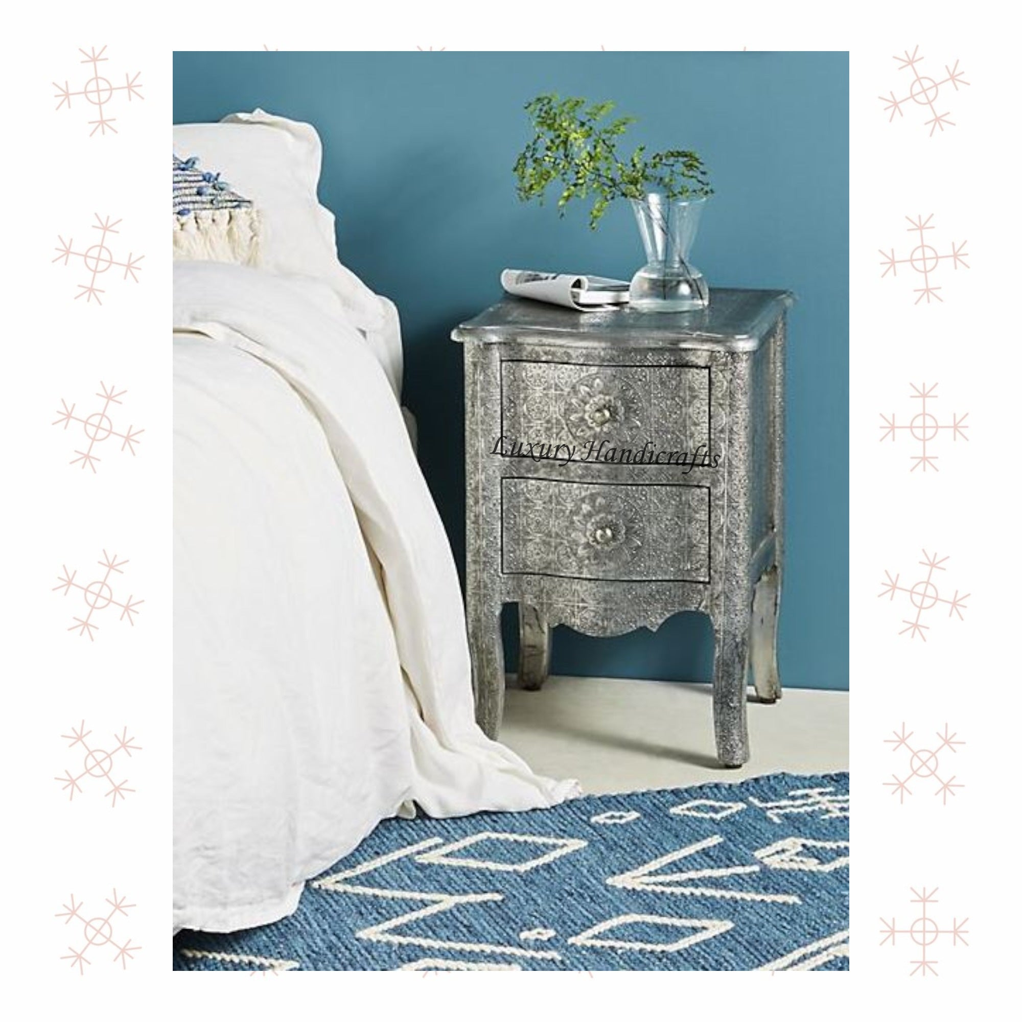 Jaden Antique White Metal Embossed 2 Drawer Bedside