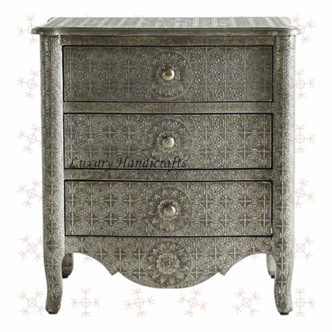 Jaden Antique White Metal Embossed 3 Drawer Bedside