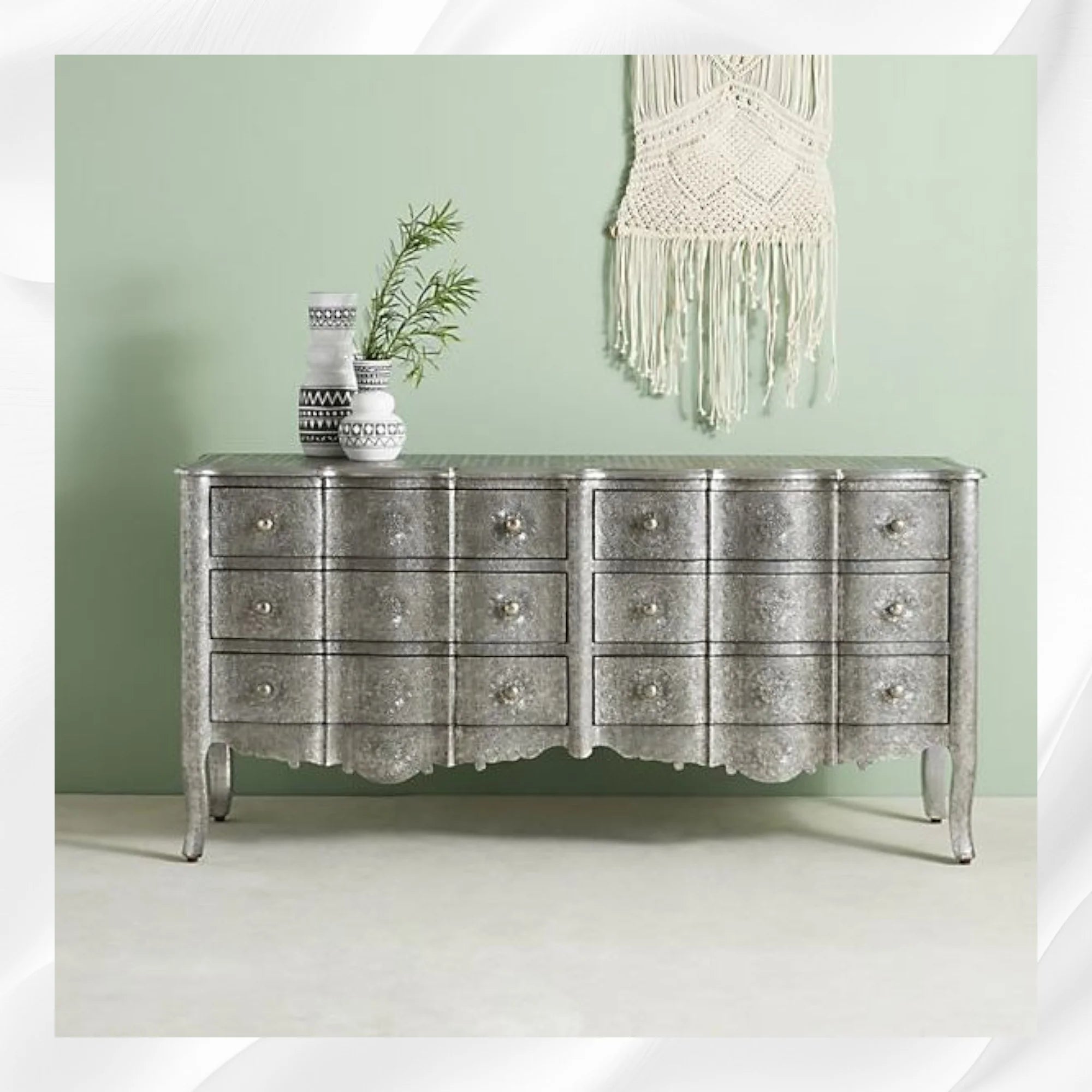 Jaden Antique Silver Metal Embossed 6 Drawer Chest