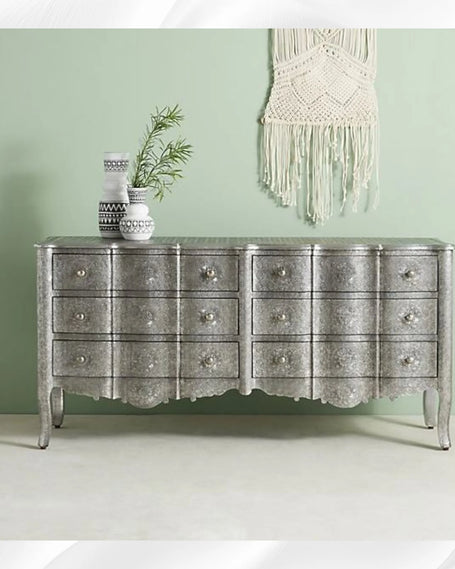 Jaden Antique Silver Metal Embossed 6 Drawer Chest 1