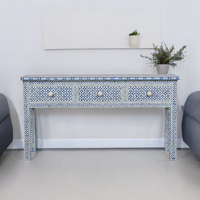 Joy Blue Bone Inlay Geometric 3 Drawer Console 1