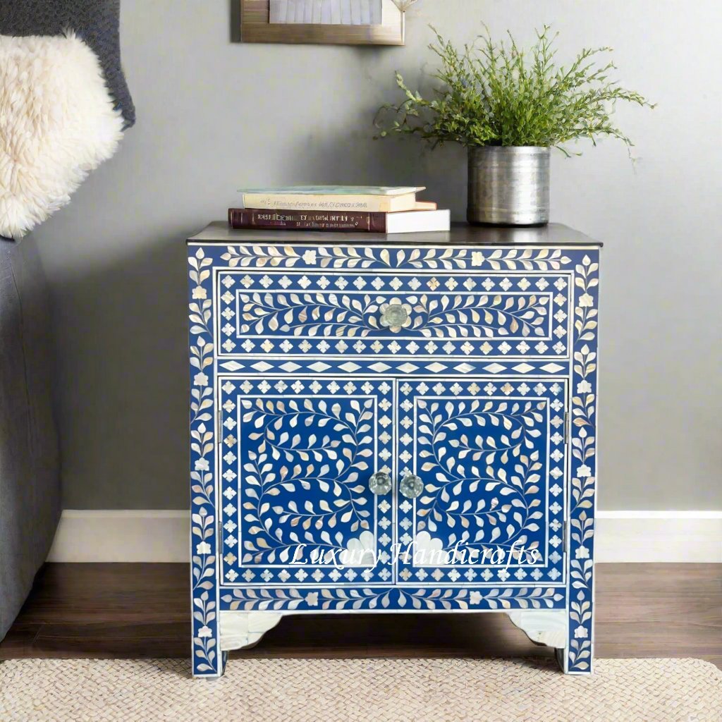 Large MOP Floral 1 Drawer 2 Door Bedside Table Blue – Luxury Handicraft