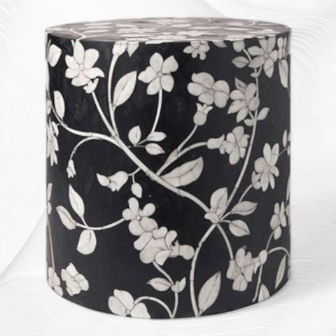 Lola Bone Inlay Round Stool Floral Black