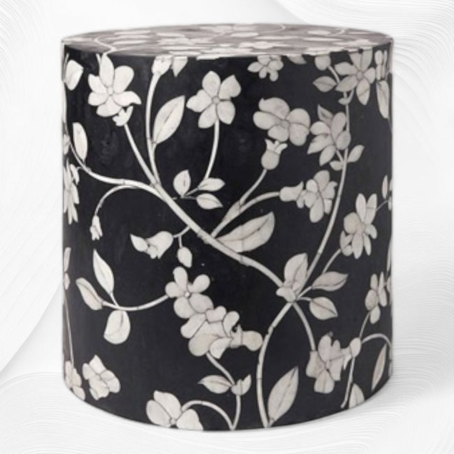 Runder Hocker mit Knocheneinlage, Blumenmuster, Schwarz