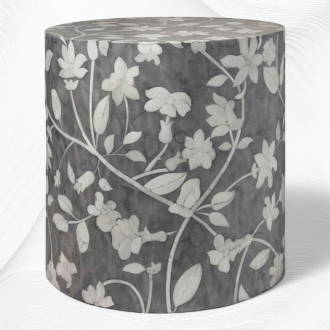 Runder Hocker mit Knocheneinlage, Blumenmuster, Grau