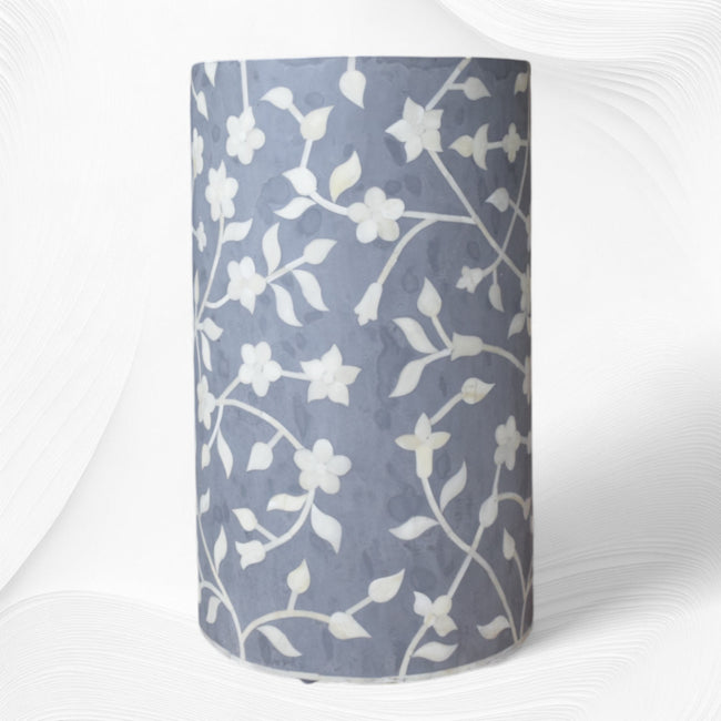 Runder Hocker mit Knocheneinlage, Blumenmuster, Grau