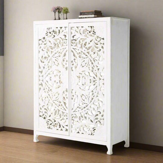 Lombok Handcarved 2 Door Wardrobe White 1