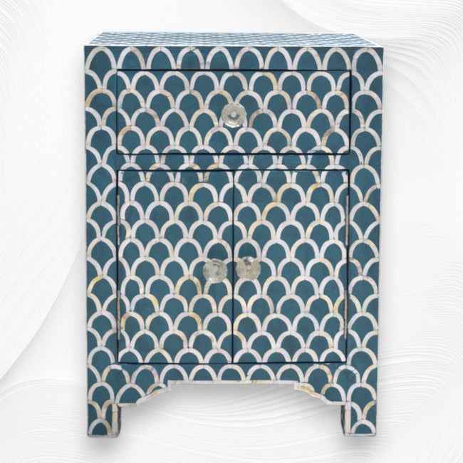 MOP Inlay 1 Drawer 2 Door Fishscale Design Bedside Teal Green