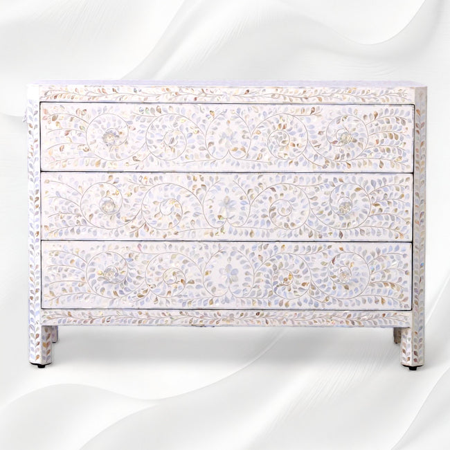 MOP Inlay Edge Floral 3 Drawer Dresser White 1