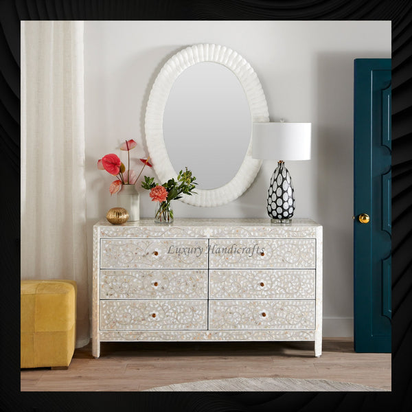 MOP Inlay Edge Floral 6 Drawer Dresser Grey