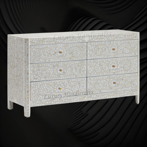 MOP Inlay Edge Floral 6 Drawer Dresser Grey