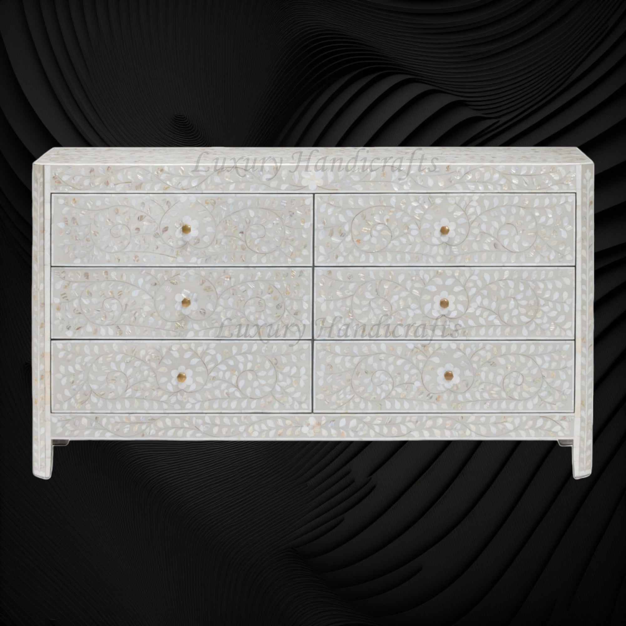 MOP Inlay Edge Floral 6 Drawer Dresser Grey