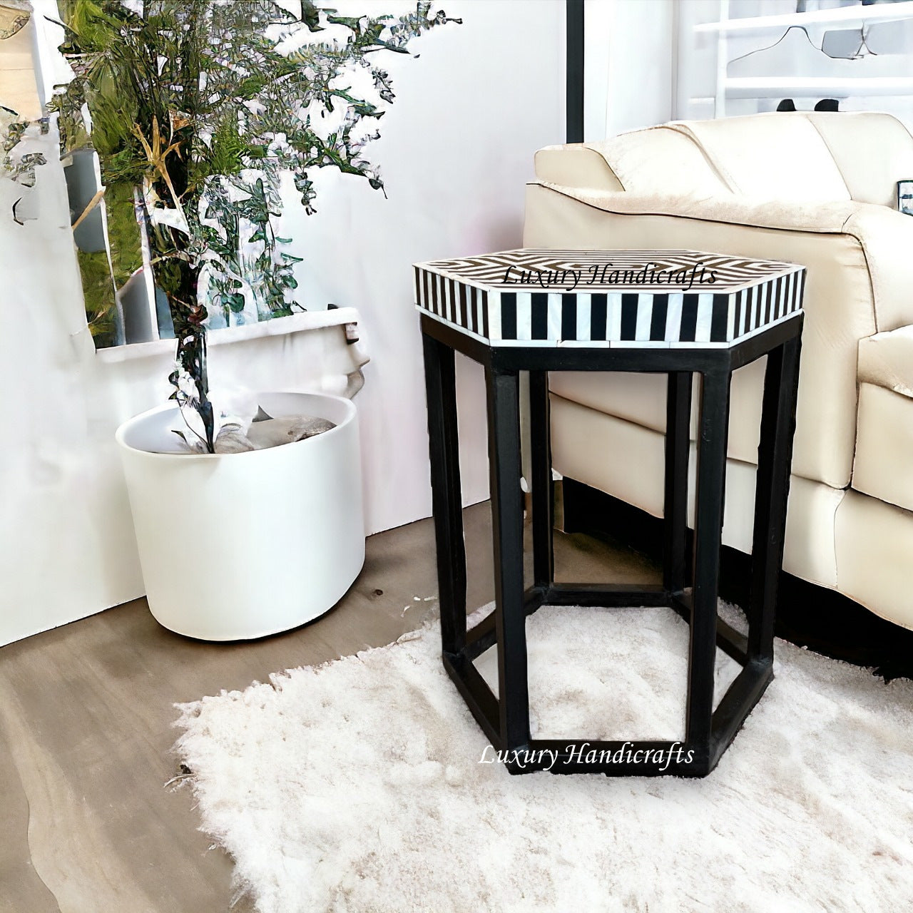 MOP Inlay Hexagonal Stripe Side Table Black – Luxury Handicraft