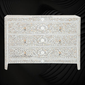 MOP Inlay Edge Floral 3 Drawer Dresser Grey