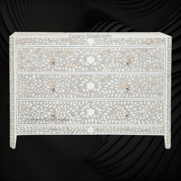 MOP Inlay Edge Floral 3 Drawer Dresser Grey