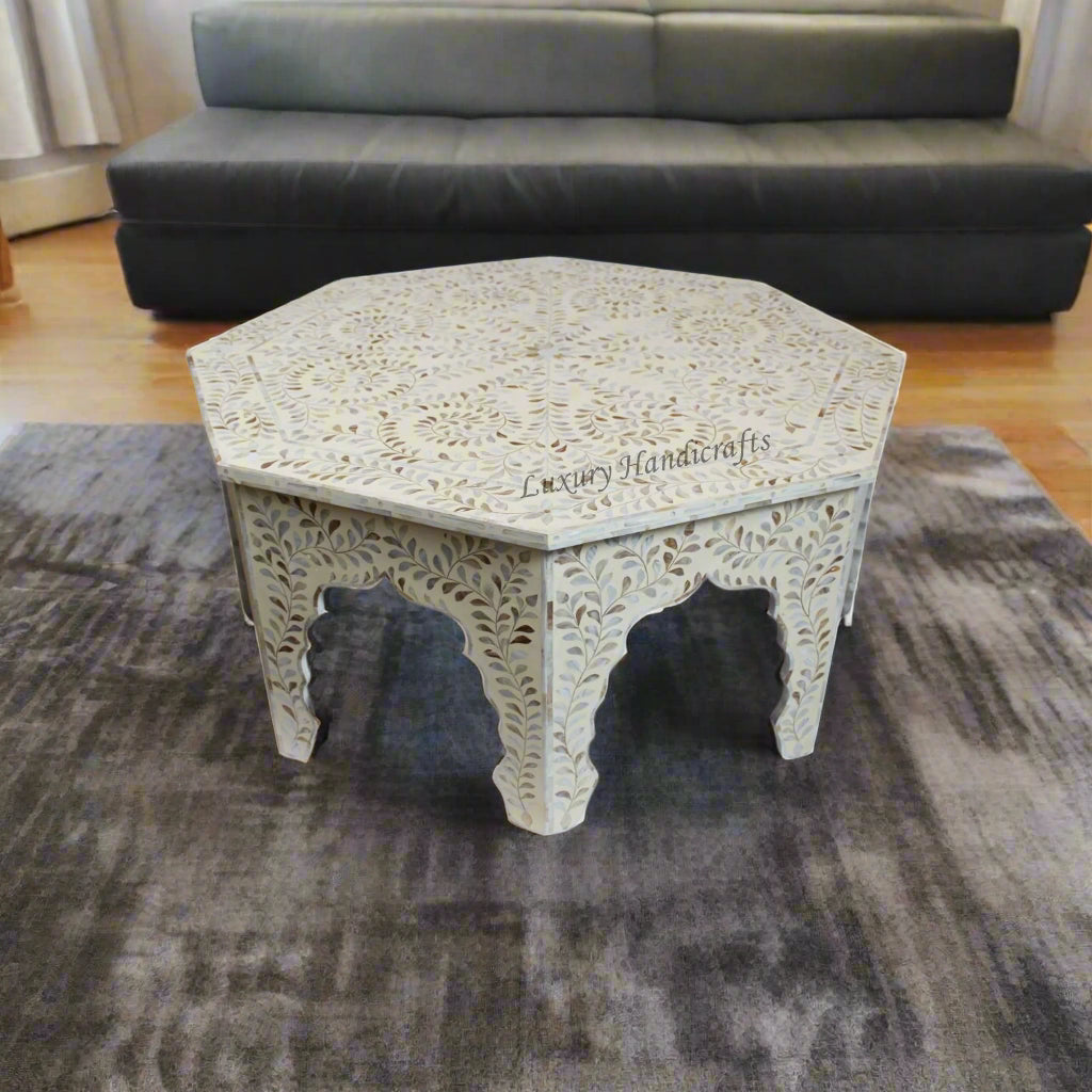 MOP Inlay Floral Octagonal Coffee Table Beige – Luxury Handicraft