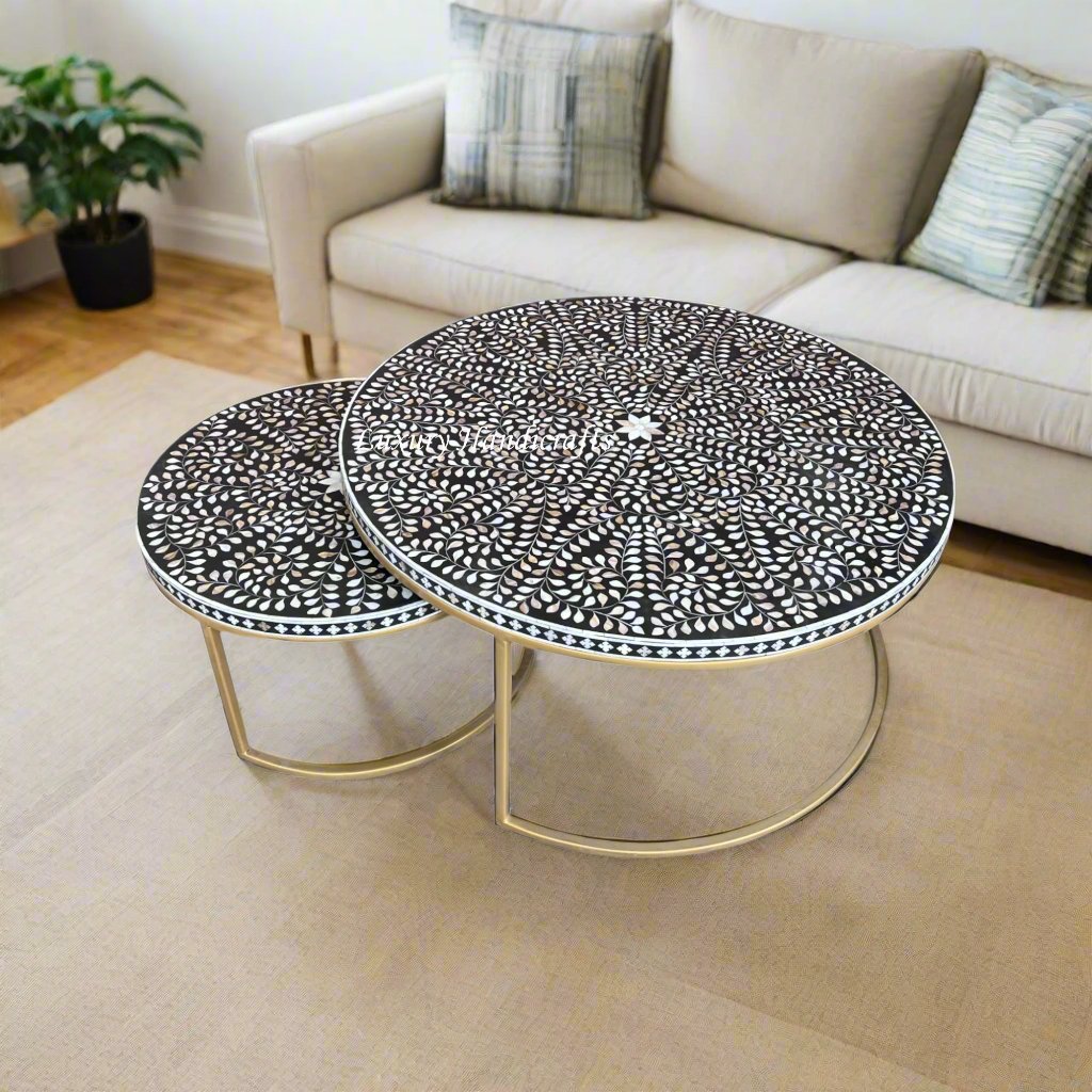 MOP Inlay Nesting Table Set Floral Black – Luxury Handicraft