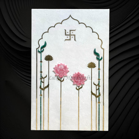 Malachite Quartz Brass Swastik Inlaid White Marble Temple Panel
