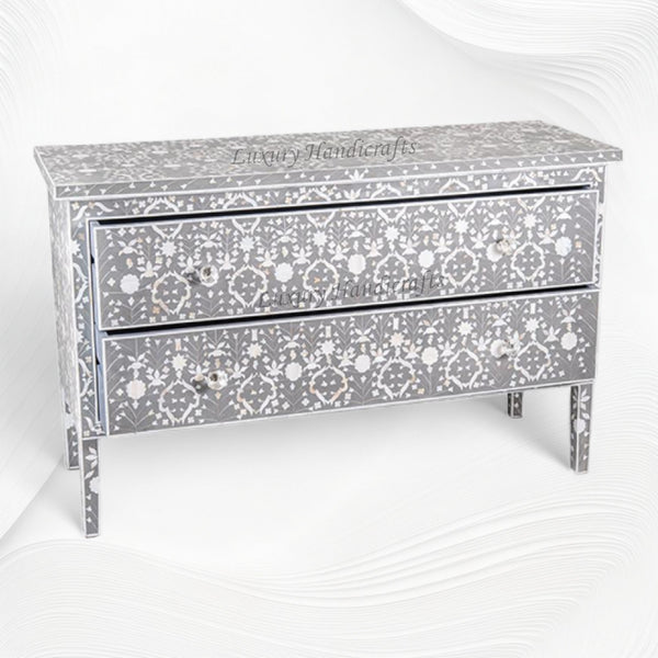 Moghul Flower MOP Inlay 2 Drawer Chest Grey