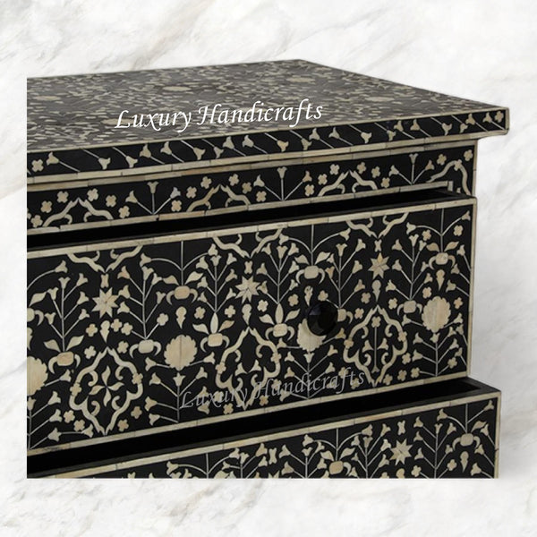 Moghul Flower Bone Inlay 2 Drawer Chest Black