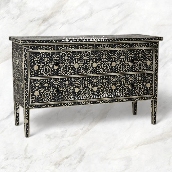 Moghul Flower Bone Inlay 2 Drawer Chest Black
