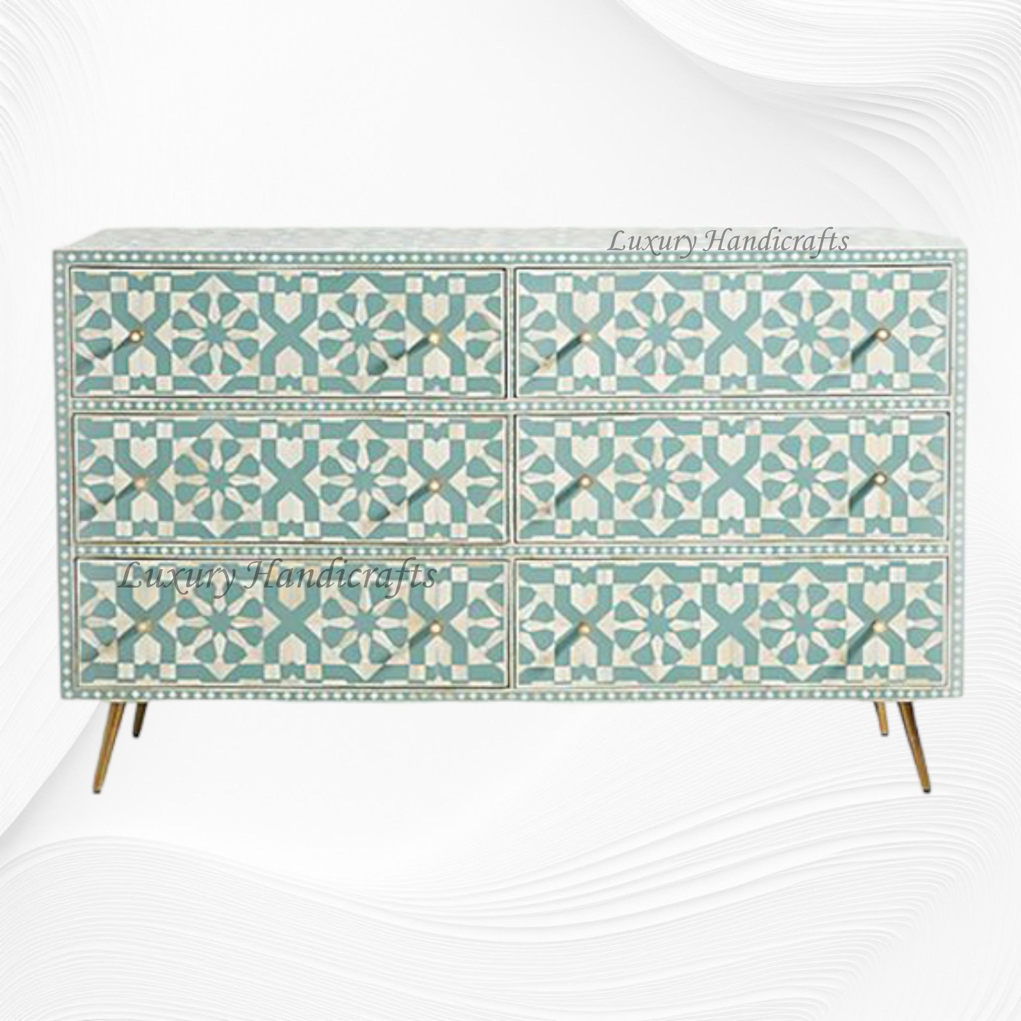 Bone Inlay Moroccan Design 6 Drawers Green