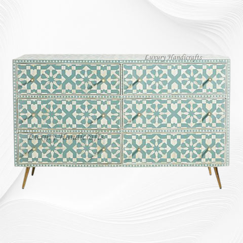 Bone Inlay Moroccan Design 6 Drawers Green