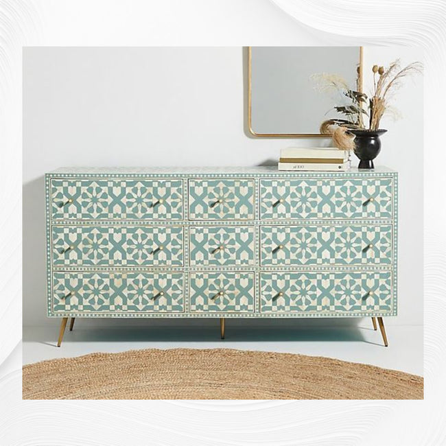 Bone Inlay Moroccan 9 Drawer Chest Green 1