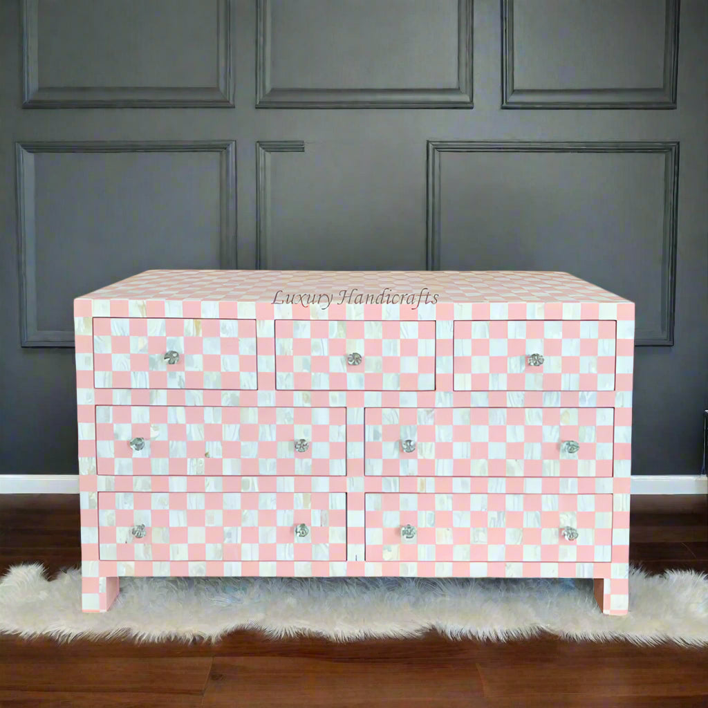pink and grey dresser Mother of Pearl Inlay 7 Drawer Checkerboard – Luxury Handicraft feminine carvings Best wedding guest dresses Color:DEEP NAVY nyla_collection_273962303591