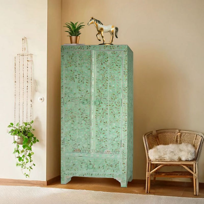 Mother of Pearl Inlay Armoire Floral Mint Green