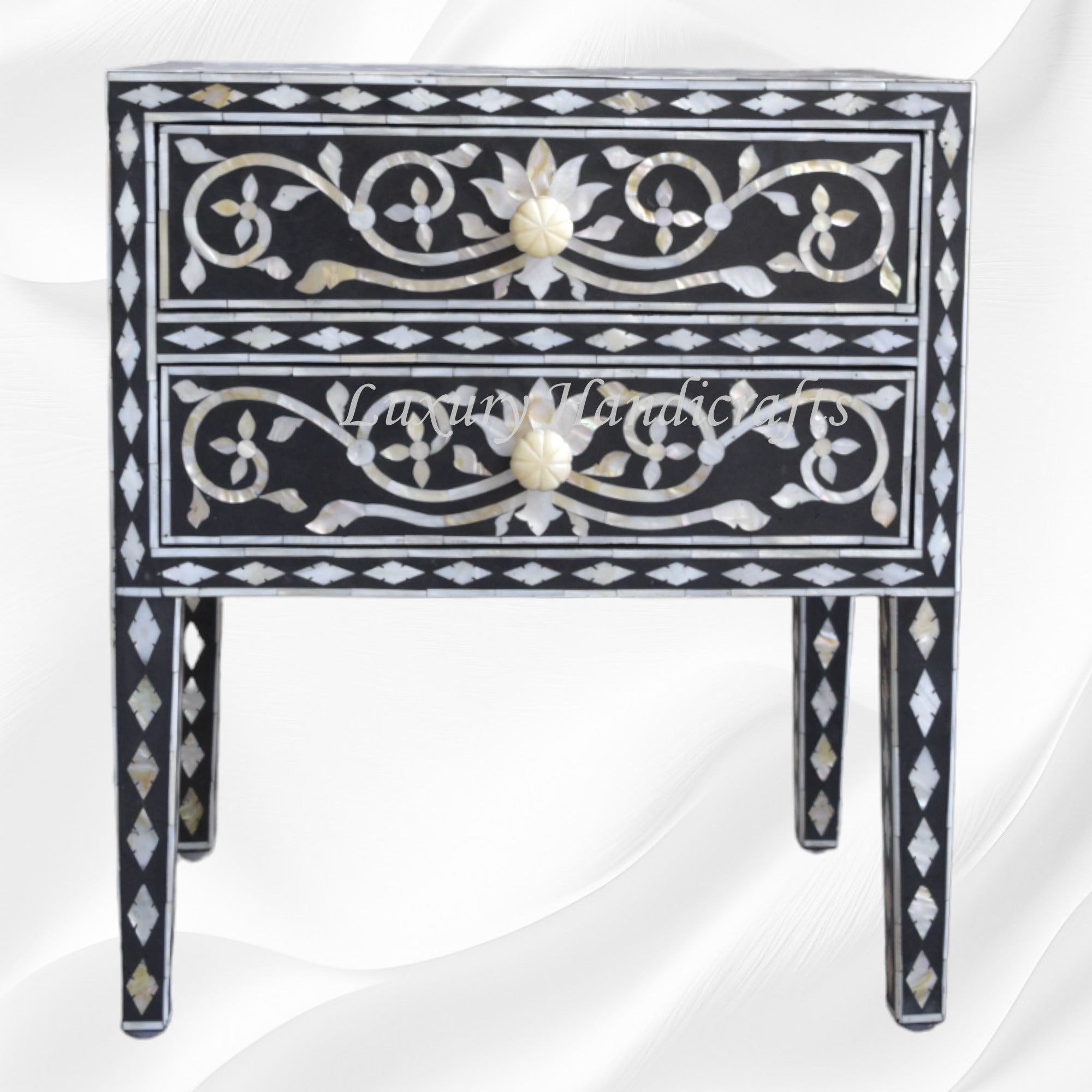 Mother Of Pearl Inlay Bedside 2 Drawer Lotus Design Black