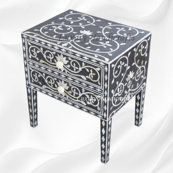 Mother Of Pearl Inlay Bedside 2 Drawer Lotus Design Black