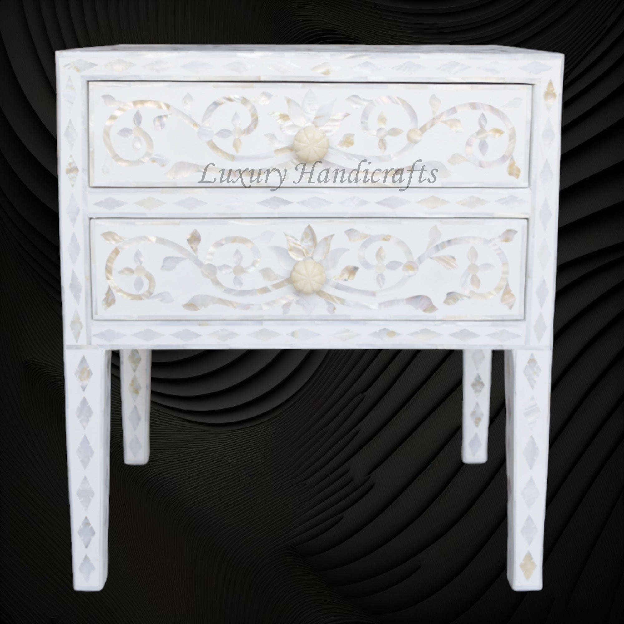 Mother Of Pearl Inlay Bedside 2 Drawer Lotus Design White