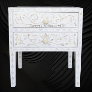 Mother Of Pearl Inlay Bedside 2 Drawer Lotus Design White