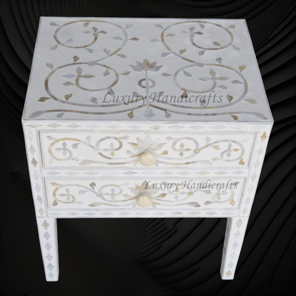 Mother Of Pearl Inlay Bedside 2 Drawer Lotus Design White