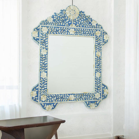 Blauer Kreisspiegel mit Perlmutt-Intarsien und Blumenmuster