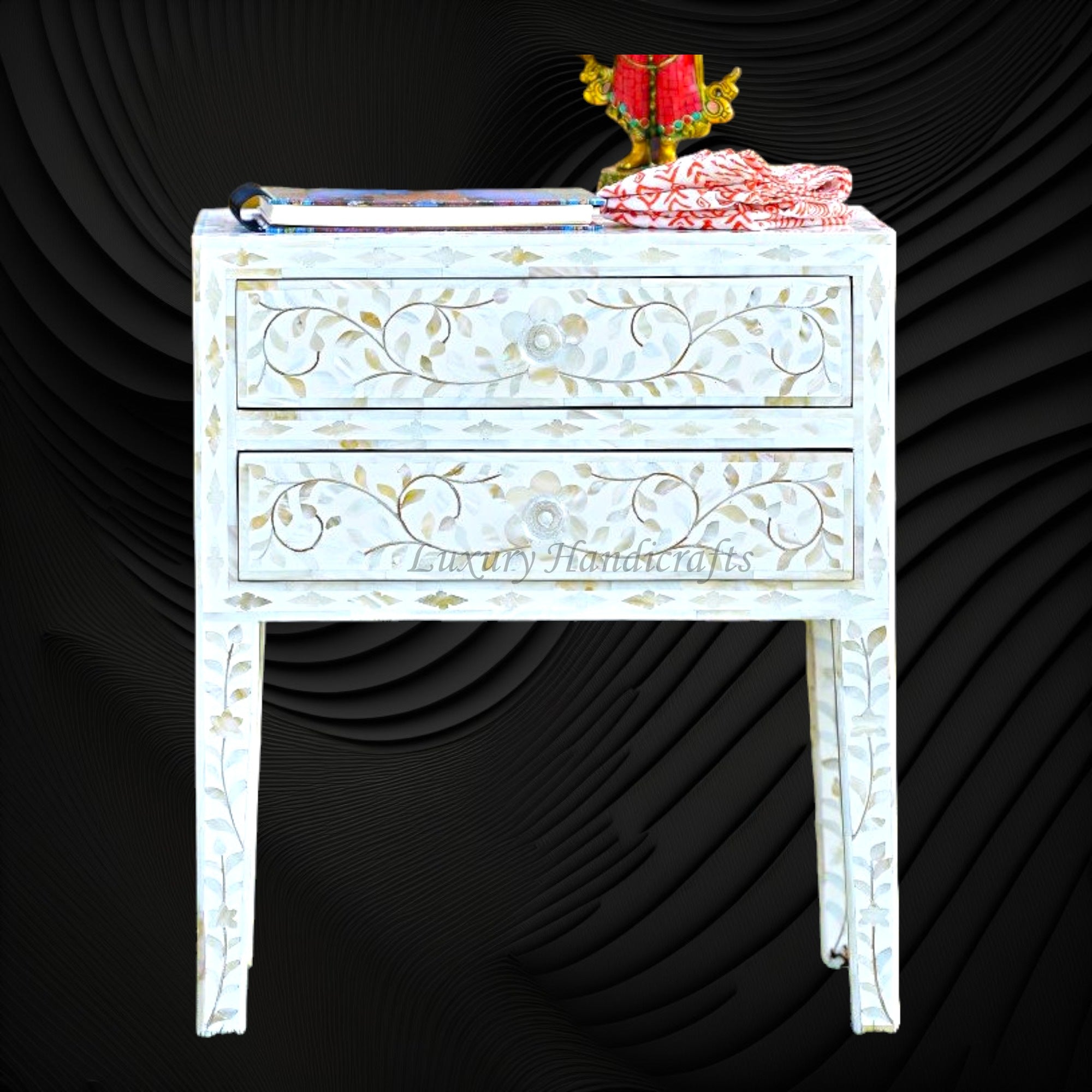 MOP Inlay Floral 2 Drawer Bedside Long Leg White