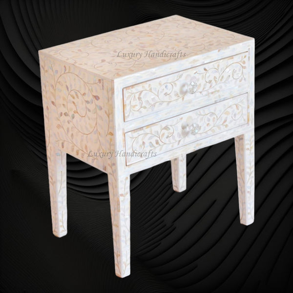 MOP Inlay Floral 2 Drawer Bedside Long Leg White