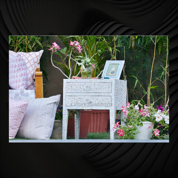 MOP Inlay Floral 2 Drawer Bedside Long Leg White