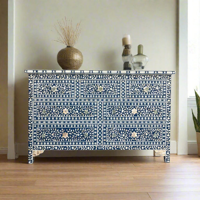 Navy Blue Mother of Pearl Inlay Chest Of 7 Drawers Large