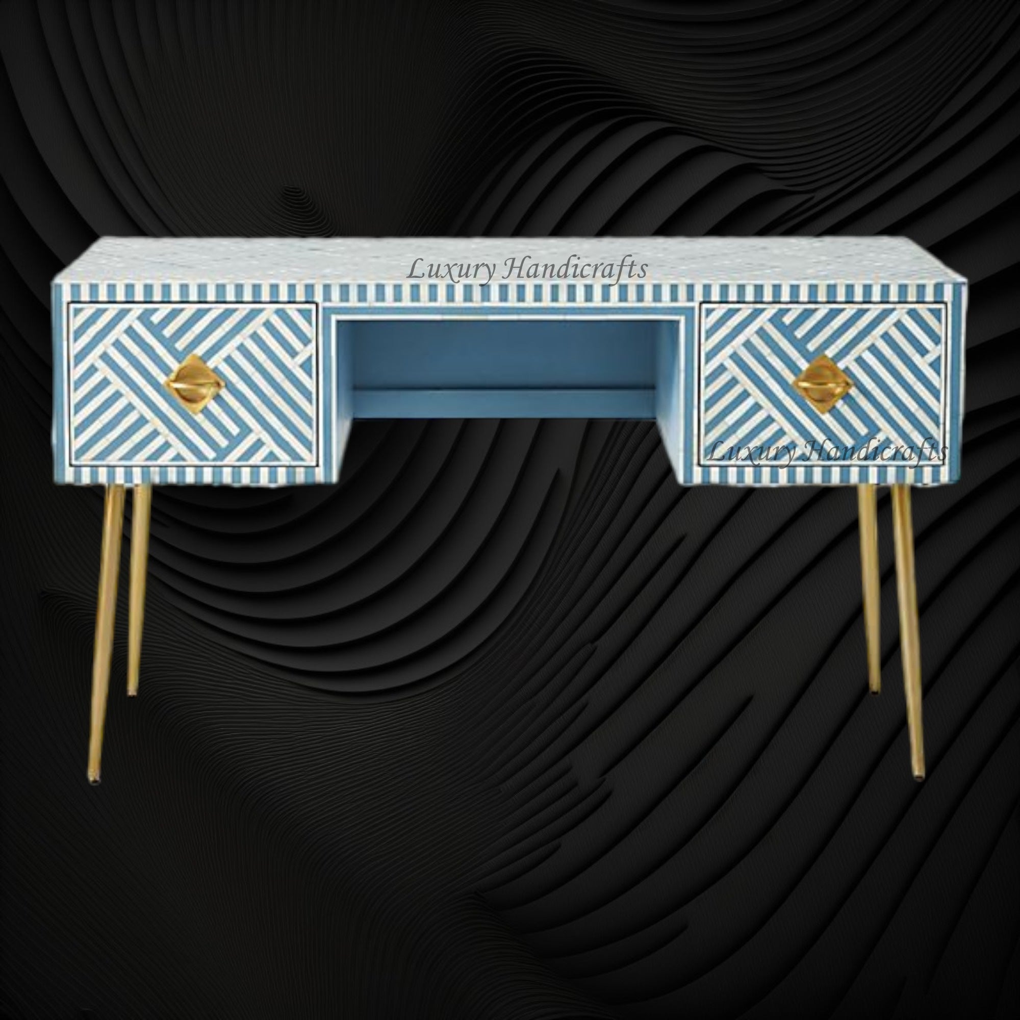 Optical Bone Inlay Desk 2 Drawers Sky Blue