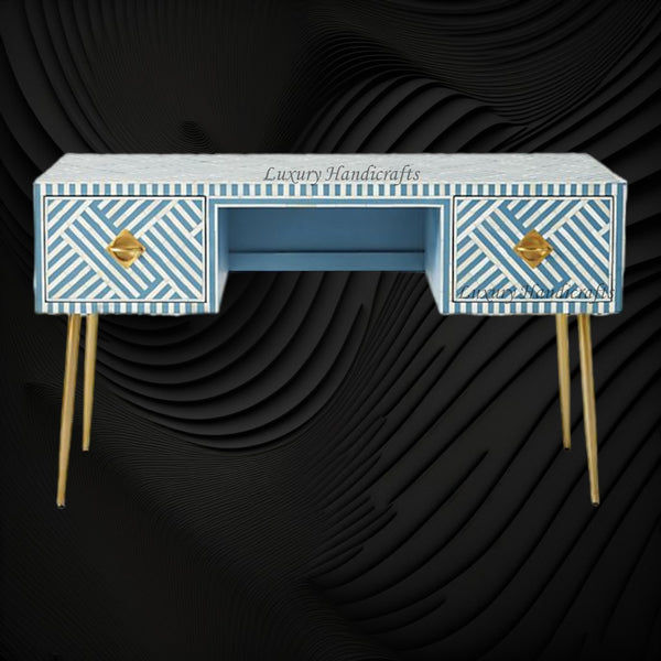 Optical Bone Inlay Desk 2 Drawers Sky Blue