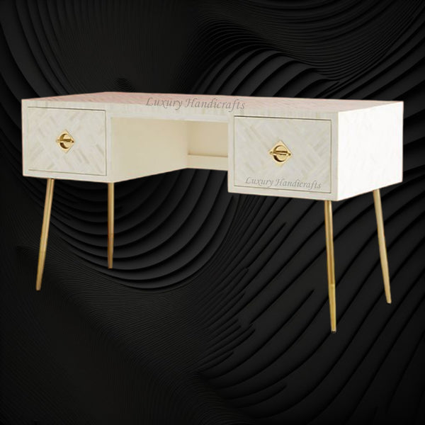 Optical Bone Inlay Desk 2 Drawers White