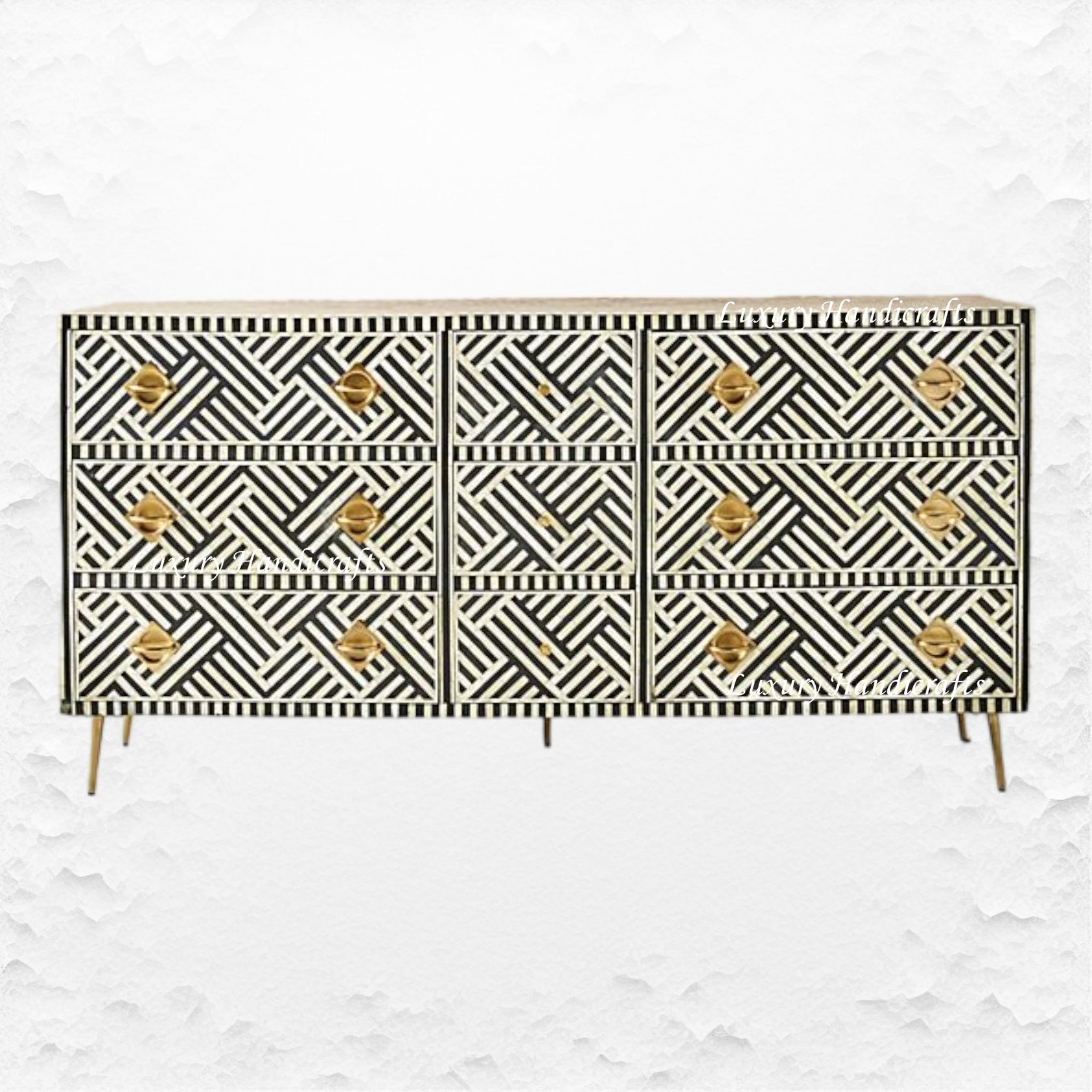 Optical Bone Inlay 9 Drawer Chest Black – Luxury Handicraft